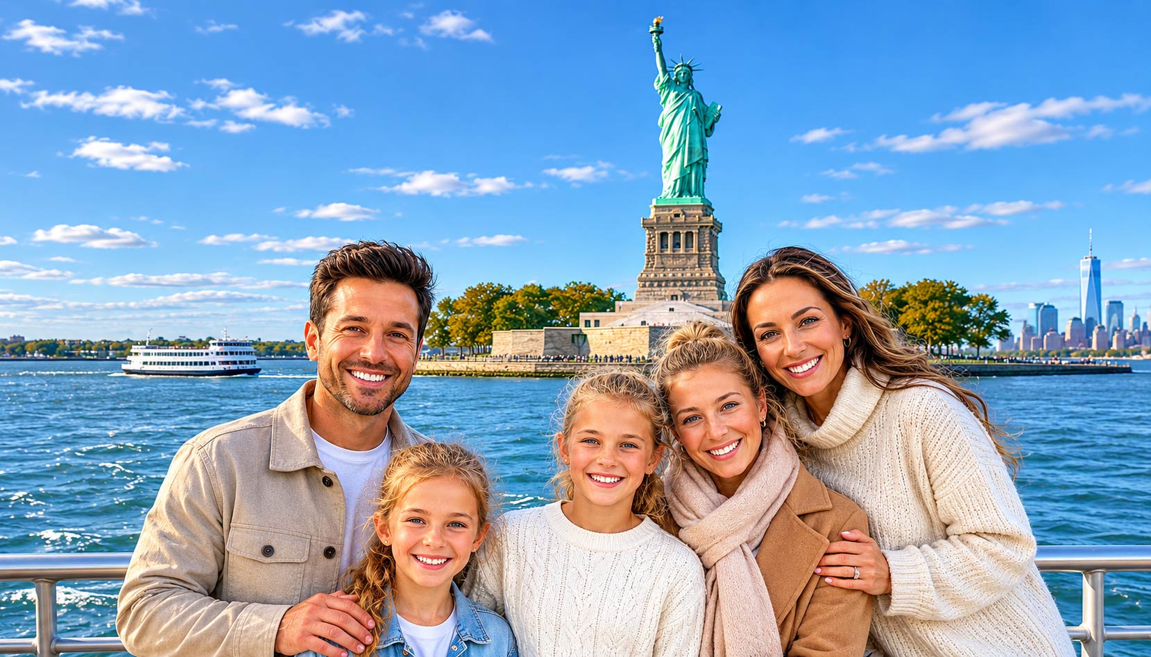Father and family enjoying a NYC Father’s Day harbor cruise with skyline views