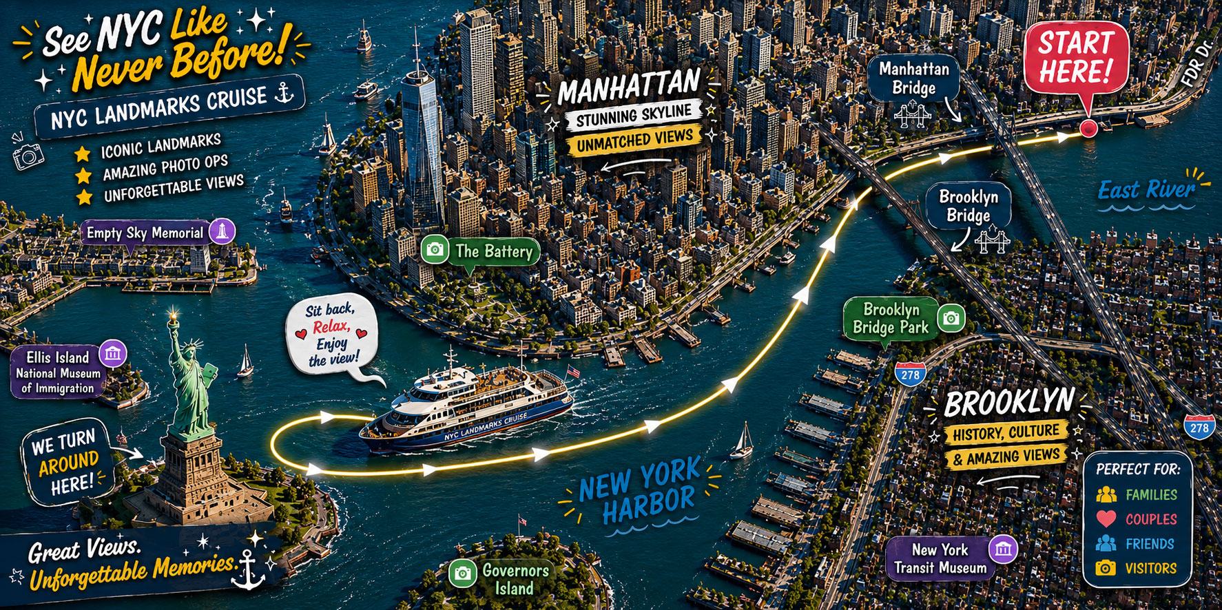 The NYC Landmarks Cruise map shows the route of the harbor sightseeing cruise