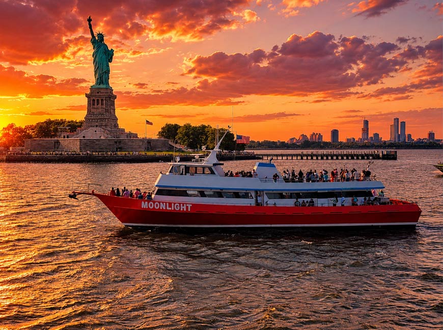 Sunset views during the NYC Landmarks Cruise in New York Harbor
