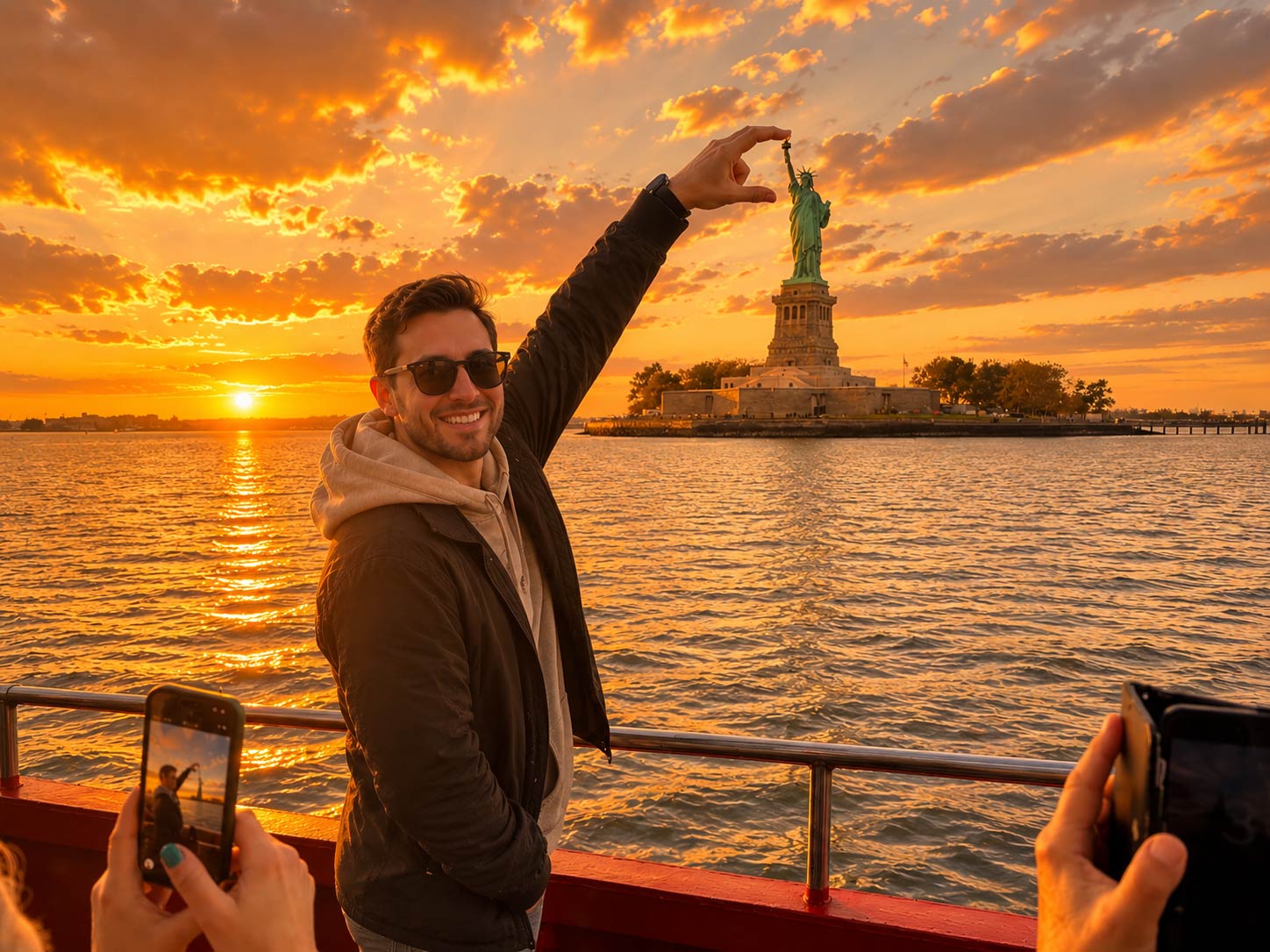 New York Harbor sunset cruise with Statue of Liberty and skyline views